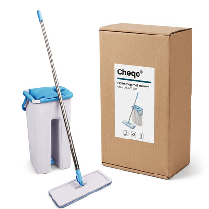 Cheqo® Platte Mop met Emmer - Vlakke Mop - Dweilset - Vloerwisser - Dweilsysteem - Zelfreinigende Mop met Uitwringfunctie - Microvezel Mop 360 Graden Draaibaar - Vloerreiniger - Mopset - Zwabber met Emmer - Vloermop met Telescopische Steel - Verpakking