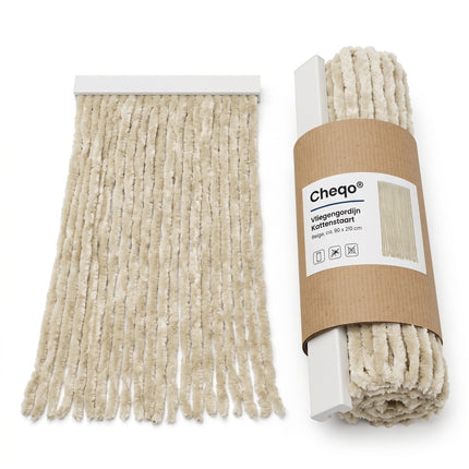 Cheqo® Vliegengordijn 90x210 cm Beige - Insectengordijn - Deurgordijn - Kattenstaart - Horgordijn - Hordeur - Pluche Strengen - Chenille - Muggengordijn - Vliegenhor - Anti Insecten - Creme - voor Deur, Tuindeur, Balkondeur, Caravan en Camper - Verpakking