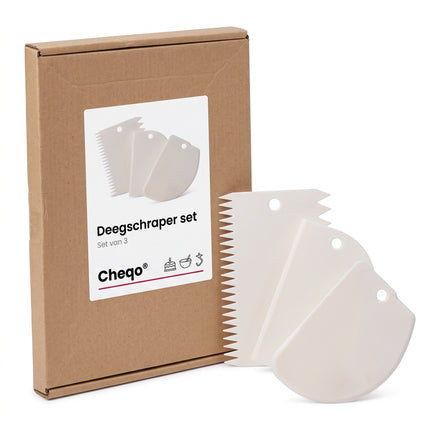 Cheqo® Deegschraper Set van 3 - Taartschraper voor Fondant en Glazuur - Deegkrabber - Deegsnijder - Spatel voor Taart en Cake - Taartkam voor Botercrème - Deegkaart - Cake Decoratieset - Garneergerei - Bakspullen - Wit - Verpakking