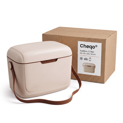 Cheqo® Koelbox 12 Liter - Kleine Koelbox met Schouderband - Draagbare Koelbox zonder Stroom - Passieve Koelbox en Koelkist voor Camping - Koelbox voor Strand en Picknick - Koelbox voor Festival en Auto - Frigobox - Retro Koelbox Taupe - Verpakking