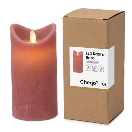 Cheqo® LED Kaars Roze 15 cm - Stompkaars met Bewegende Vlam - Vlamloze Nepkaars van Wax - Elektrische Sfeerkaars op Batterijen - Flikkerende Dansvlam - Realistische Sfeerverlichting voor Binnen - Tafeldecoratie voor Woonkamer en Slaapkamer - Verpakking