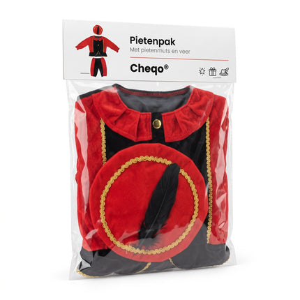 Cheqo® Pietenpak Kind 98-104 - Zwart Rood - Sinterklaas Verkleedkleding - Pieten Kostuum voor Kinderen - Pietenpak voor Jongens en Meisjes - Verkleden als Piet - Jasje en Pofbroek met Pietenmuts - Pakjesavond en Intocht - ca. 3-4 Jaar - Verpakking