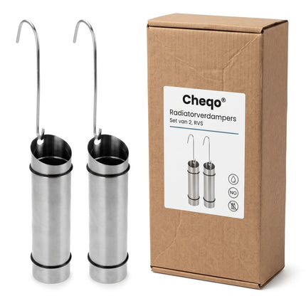 Cheqo® Radiator Waterverdamper Set van 2 - Luchtbevochtiger voor Radiator en Verwarming - RVS Verdampingsbakje met Ophanghaak - Verwarmingsbakje - Waterbakje voor Radiator - Luchtvochtigheid Verhogen - voor Woonkamer en Slaapkamer - Zilver - Verpakking