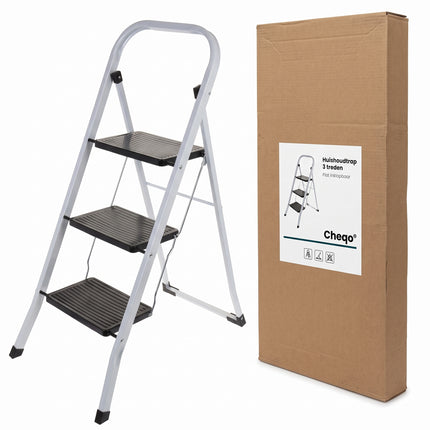 Cheqo® Huishoudtrap 3 Treden - Keukentrap Inklapbaar - Trapladder - Metalen Huishoudladder met Beugel - Keukentrapje - Opstapje - Vouwtrap - Huisladder - Trapje voor Thuis en Kantoor - Wit - Verpakking