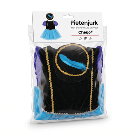 Cheqo® Pietenjurk Kind 110-116 - Paars Blauw - Sinterklaas Verkleedkleding - Pieten Kostuum voor Kinderen - Pietenpak voor Meisjes - Verkleden als Piet - Jurk met Pofmouwen en Pietenmuts - Pakjesavond en Intocht - ca. 5-6 Jaar - Verpakking