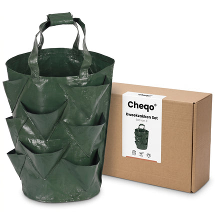 Cheqo® Kweekzakken Set van 3 - Plantenzakken - Aardbeienzak - Growbags - Groeizak - Plantzak - Hangende Plantenzak - Moestuinzak - voor Aardbeien - Tomaten - Kruiden en Groenten - voor Balkon en Terras - Verticaal Tuinieren - met Handvatten - Verpakking (oude v0)