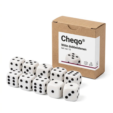 Cheqo® Dobbelstenen Set van 10 - Witte Dobbelstenen - Dobbelsteen - Dobbelstenenset Wit - Speeldobbelstenen - Dobbelsteentjes - Dobbelen - Dobbelspel - Yahtzee - Bordspel - Gezelschapsspel - Spelletjes - Spelletje - Monopoly - Regenwormen - Verpakking