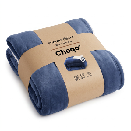 Cheqo® Sherpa Deken - Fleece Deken - Plaid - Woondeken - Bankdeken - Knuffeldeken - Sprei - Blauw - Dubbelzijdig - Extra Zacht en Warm - Pluizige Fleece Plaid voor Bank en Bed - voor Woonkamer - Winter - Tweepersoons - XXL Sofadeken - Verpakking