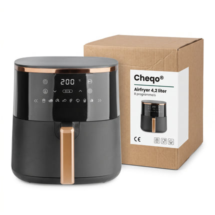Cheqo® Airfryer - Hetelucht Friteuse - Heteluchtfriteuse - Friteuse zonder Olie - Luchtfriteuse met Digitaal Display en Touchscreen - 8 Automatische Programma's - Timer - Airfryer XL Zwart Goud - Frituurpan - Gezond Frituren voor het Hele Gezin - Verpakking