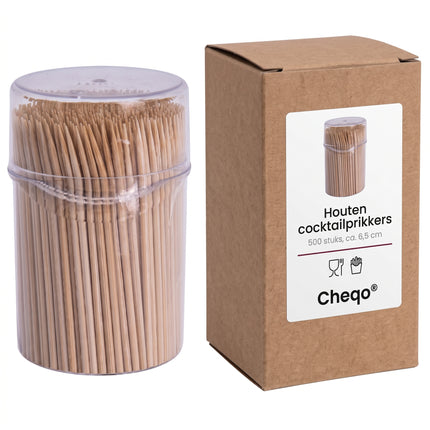 Cheqo® Cocktailprikkers 500 Stuks - Houten Tandenstokers - Dubbelzijdig - Tandenstokers in Koker met Deksel - Hapjesprikkers - Tapas Prikkers - Borrelprikkers - Cocktailprikkers voor Kerst en Nieuwjaarsborrel - Toothpicks - Verpakking