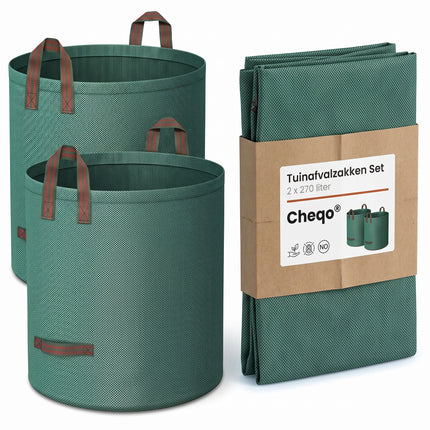 Cheqo® Tuinafvalzak Set van 2 - Tuinzak - Bladzak - Tuinvuilzak - Groenafvalzak - Bladerzak - Afvalzak voor Tuin - Opvouwbaar - Zelfstaand - met Handgrepen - Herbruikbaar - Waterdicht - voor Bladeren - Gras en Snoeiafval - Tuintas - Groen - Verpakking (oude v0)
