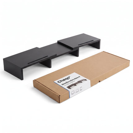 Cheqo® Monitor Standaard - Monitorstandaard - Monitor Verhoger - Beeldschermverhoger voor 2 Schermen - Verstelbaar en Uitschuifbaar - Bureau Organizer - Laptop Standaard - Bureauverhoger - Ergonomisch - Telefoonhouder - Kabelmanagement - Zwart - Verpakking