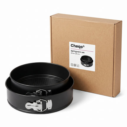 Cheqo® Springvorm Set van 2 - Bakvorm - Taartvorm met Antiaanbaklaag - Losse Bodem - Bakblik - Cakevorm - Cheesecake Vorm - Quichevorm - Rond - Non Stick - Taartbodem Vorm - Bakvormen Set voor Taarten en Cakes - Bakspullen - Zwart - Verpakking