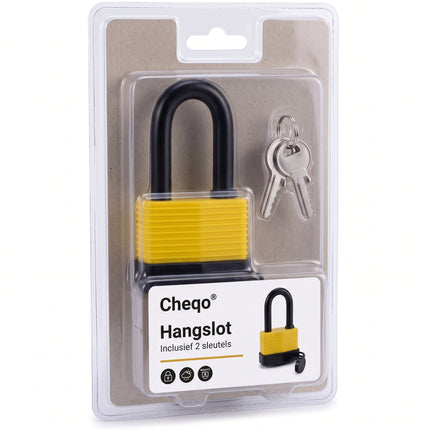 Cheqo® Hangslot met Sleutel - Weerbestendig Hangslot - Waterdicht Veiligheidsslot - Beugelslot met Lange Beugel - Hangsloten voor Buiten - Slot voor Schuur - Tuinpoort - Hek - Kluisje en Gereedschapskist - Zwart/Geel - Padlock - Hangslotje - Verpakking (oude v0)