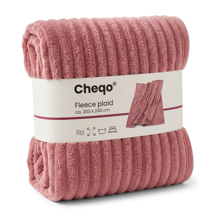 Cheqo® Fleece Deken - Plaid - Fleece Plaid met Ribstof - XXL Deken - 2 Persoons Deken - Lits-Jumeaux Plaid - Woondeken - Knuffeldeken - Bankdeken - Grand Foulard - Bedsprei - Sprei - Roze Plaid - Deken voor Bed en Woonkamer - Fleece Blanket - Verpakking