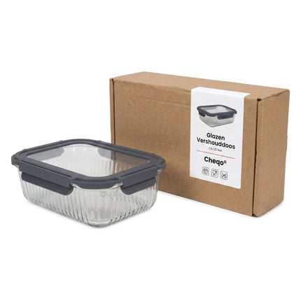 Cheqo® Glazen Vershouddoos - Vershoudbakje - Bewaardoos - Voedseldoos - Meal Prep Bakje - Voorraaddoos - Opbergdoos met Klemdeksel - Rechthoekig - Antraciet/Transparant - Grijs - voor Koelkast en Keukenkast - Eten en Restjes Bewaren - Verpakking