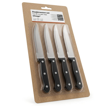Cheqo® Steakmessen Set van 4 - Steakmes - Messenset met Gekarteld Lemmet - Kartelmessen - Tafelmessen - Vleesmessen - Vleesmes - BBQ Messen - Barbecue Messen - Steakmessenset - Scherpe Messen - Vaatwasserbestendig - Pizzames - Roestvrij Staal - Verpakking (oude v0)
