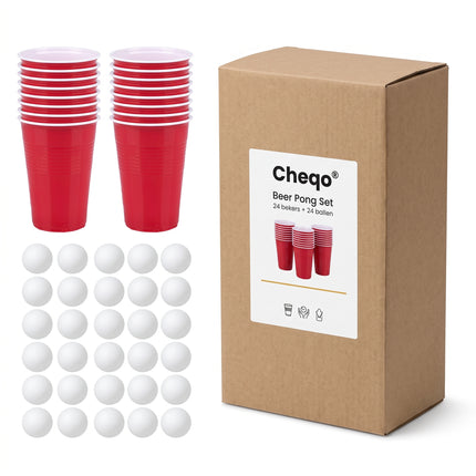 Cheqo® Beer Pong Set van 48 - Beerpong - Bierpong - Bier Pong - Drankspel - Drankspellen - Drinkspel - Red Cups - Party Cups - American Cups - Beerpong Bekers - Herbruikbare Bekers - Balletjes - Pingpong Ballen - Partyspel voor Volwassenen - Verpakking