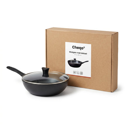 Cheqo® Wokpan met Glazen Deksel - Wok - Wokpan Inductie - Wokpan met Anti-aanbaklaag - Wadjan - Wokpan Zwart - Wokpan voor Alle Warmtebronnen - Wokpan voor Gasfornuis en Keramische Kookplaat - Roerbakpan - Hapjespan - Wokpan Antikleeflaag - Verpakking
