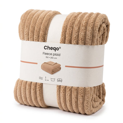 Cheqo® Fleece Deken - Plaid - Fleece Plaid met Ribstof - Woondeken - Knuffeldeken - Bankdeken - Plaid voor Bank - Grand Foulard - Sprei - Heerlijk Zacht en Warm - Camel Beige Plaid - Bruine Deken voor Bed en voor Woonkamer - Fleece Blanket - Verpakking
