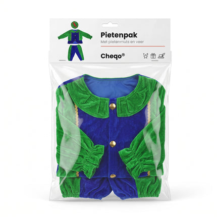 Cheqo® Pietenpak Kind 110-116 - Groen Blauw - Sinterklaas Verkleedkleding - Pieten Kostuum voor Kinderen - Pietenpak voor Jongens en Meisjes - Verkleden als Piet - Jasje en Pofbroek met Pietenmuts - Pakjesavond en Intocht - ca. 5-6 Jaar - Verpakking