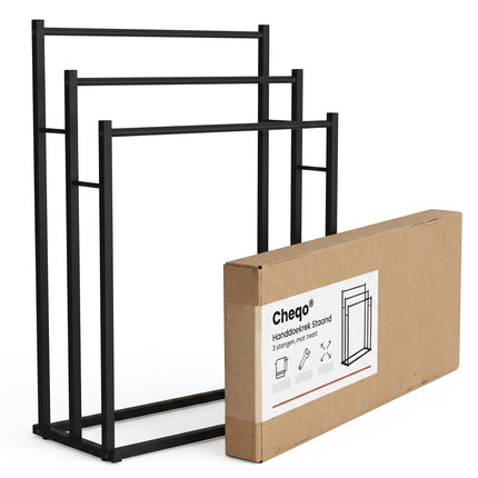Cheqo® Handdoekrek - Handdoekenrek - Handdoekhouder Staand - Vrijstaand Handdoekrek voor Badkamer - Handdoekstang met 3 Stangen - zonder Boren - Handdoekhanger - Handdoekdroogrek - Extra Breed - voor Keuken - Badkameraccessoires - Mat Zwart - Verpakking (oude v2)