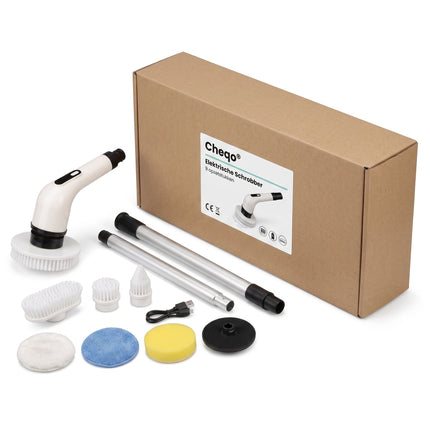 Cheqo® Elektrische Schoonmaakborstel - Elektrische Schrobber - Schrobborstel - Spin Scrubber - Roterend - Draadloos - Oplaadbaar - Schrobber met Steel - Verlengsteel - Poetsmachine - Luiwagen - voor Badkamer en Keuken - met 9 Opzetstukken - Verpakking