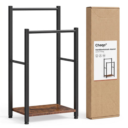 Cheqo® Handdoekenrek - Handdoekrek Staand - Handdoekhouder Vrijstaand - Badkamer en Keuken - Handdoekrek met Plank - 2 Stangen - Zonder Boren - Handdoekenhouder - Handdoekdroogrek Industrieel - Handdoekstandaard - Gastendoekhouder - Zwart - Verpakking