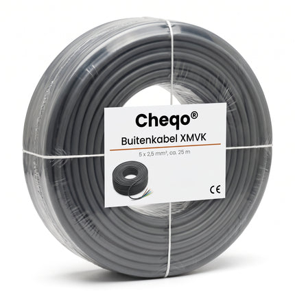 Cheqo® Buitenkabel 5 X 2.5 mm² 25 m - XMVK Kabel - Installatiekabel Buitengebruik - Krachtstroomkabel - Stroomkabel voor Buiten - Tuinkabel - Elektriciteitskabel - Bovengrondse Kabel voor Tuinverlichting en Buitenstopcontact - Grijs - Verpakking