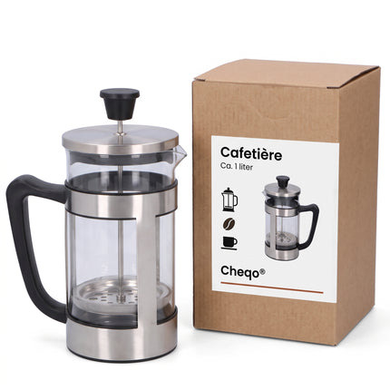 Cheqo® Cafetière - French Press - Koffiemaker - Koffiezetapparaat - Koffiepers - Koffiezetter - Coffee Maker - Glazen Kan met Filter - voor 8 Kopjes - RVS Houder - voor Verse Koffie - Handmatige Koffiezet met Zeef - Koffie Press voor Thuis - Verpakking v2