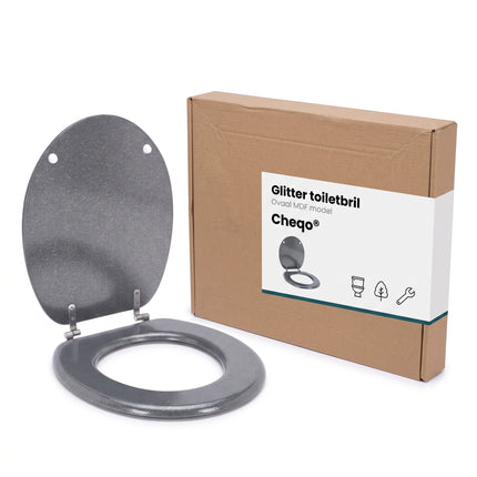 Cheqo® Toiletbril - WC Bril - Toiletzitting - Closetbril - Toiletdeksel - Glitter Toiletbril - Zilveren WC Bril - Grijze WC Bril - Toiletbril MDF - Houten Toiletbril - Universele Toiletbril - Ovale Toiletbril met Deksel - RVS Scharnieren - Verpakking