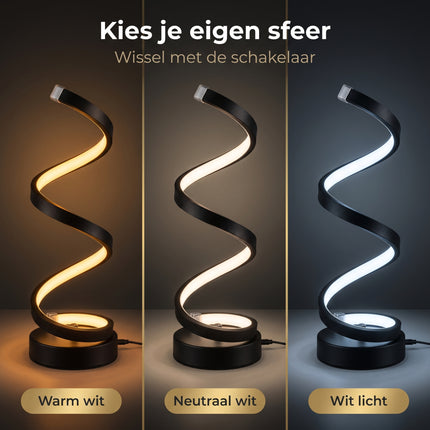 Cheqo® LED Tafellamp - Spiraal Tafellamp - Modern Spiraal Design - Dimbaar - Touch Bediening - Bureaulamp - Sfeerlamp - Nachtlamp - Bedlampje voor Slaapkamer en Woonkamer - Decoratieve Verlichting voor Nachtkastje - Zwart - USB - Lichtkleuren