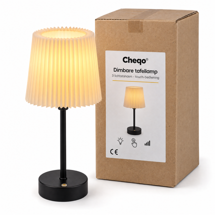 infographic opus55 verpakking - Cheqo® Dimbare Tafellamp met Plissé Kap
