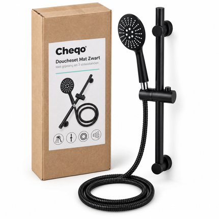 infographic opus55 verpakking - Cheqo® Doucheset Mat Zwart met Glijstang
