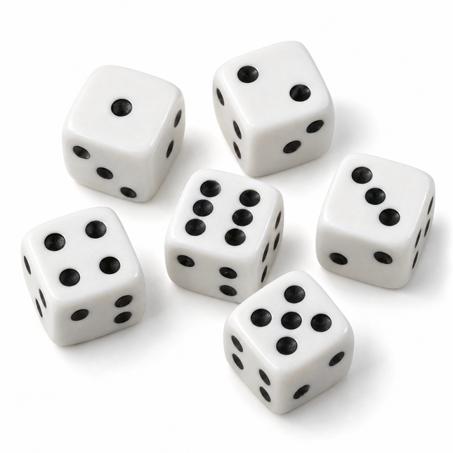 infographic opus55 hoofdafbeelding - Cheqo® Witte Dobbelstenen Set van 6 met Zwarte Ogen