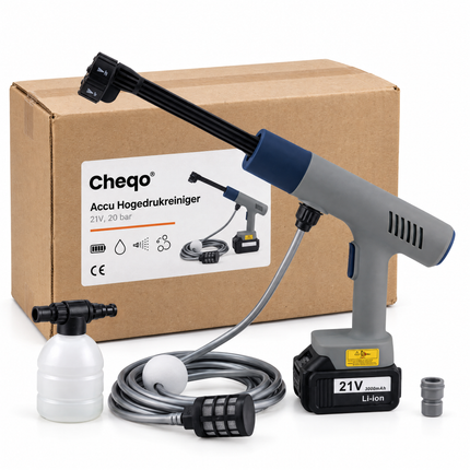 infographic opus55 verpakking - Cheqo® Hogedrukreiniger met Accu, 6-in-1 Sproeikop en Schuimkanon