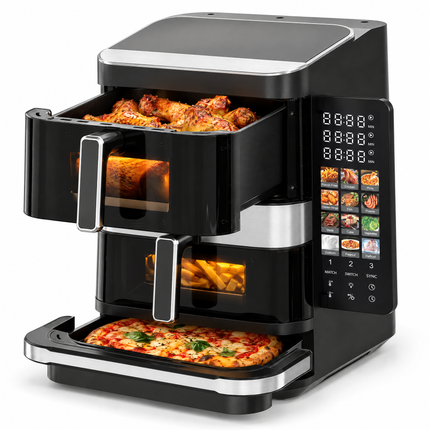 infographic opus55 hoofdafbeelding - Cheqo® Dubbele Airfryer met Pizza Oven