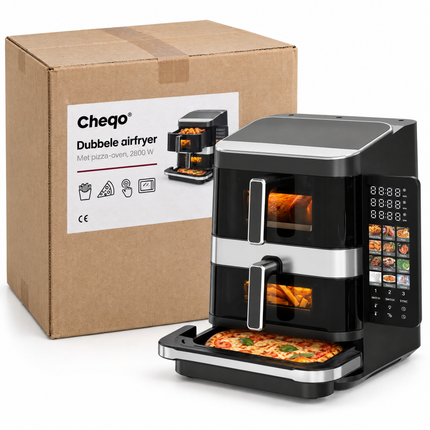 infographic opus55 verpakking - Cheqo® Dubbele Airfryer met Pizza Oven