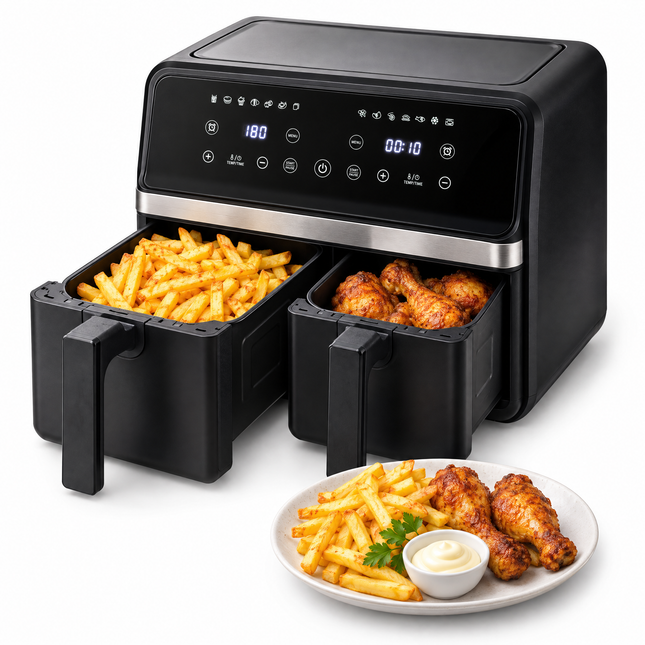 infographic opus55 hoofdafbeelding - Cheqo® Dubbele Airfryer met Twee Gelijke Manden
