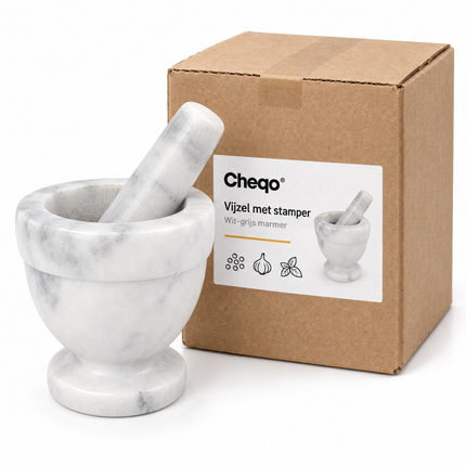infographic opus55 verpakking - Cheqo® Vijzel met Stamper van Wit-Grijs Marmer