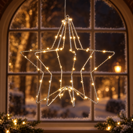 infographic opus55 hoofdafbeelding - Cheqo® LED Ster met Kerstlampjes 3D Zilver 60 LEDs