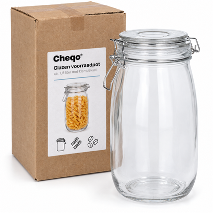 infographic opus55 verpakking - Cheqo® Glazen Voorraadpot 1,5 Liter met Klemdeksel