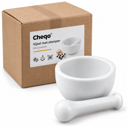infographic opus55 verpakking - Cheqo® Vijzel met Stamper van Wit Porselein