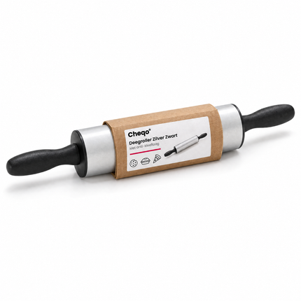 infographic opus55 verpakking - Cheqo® Deegroller Zilver Zwart met Antikleeflaag