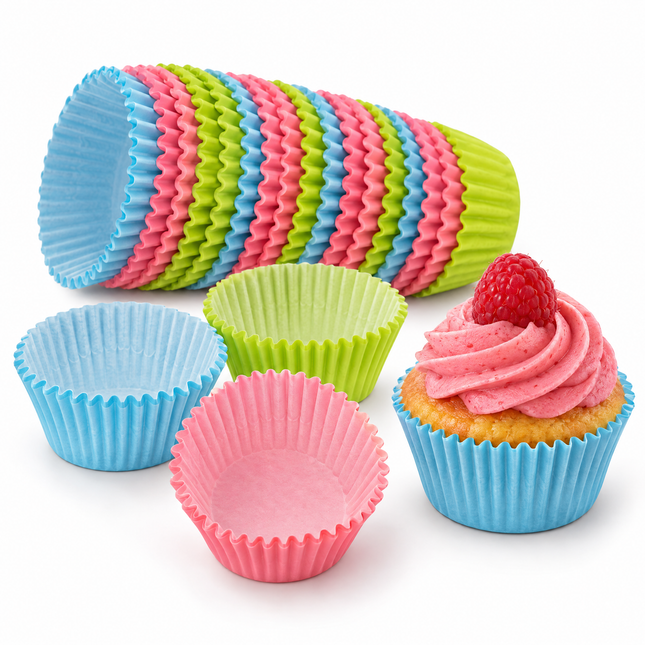infographic opus55 hoofdafbeelding - Cheqo® Cupcake Vormpjes Blauw Groen Roze Set van 90