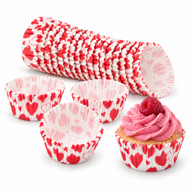 infographic opus55 hoofdafbeelding - Cheqo® Cupcake Vormpjes Hartjes Wit Rood Set van 200