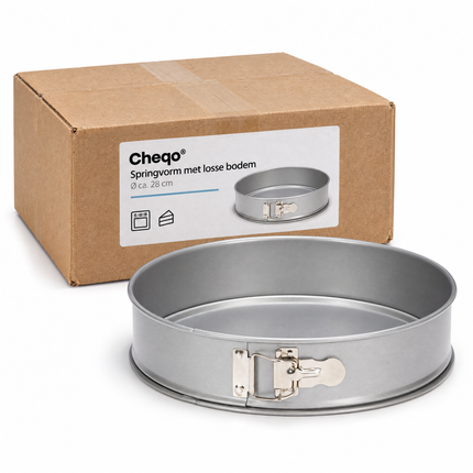 infographic opus55 verpakking - Cheqo® Springvorm 28 cm Zilver met Anti-aanbaklaag