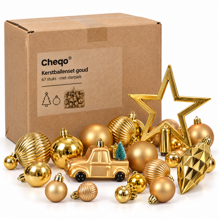 infographic opus55 verpakking - Cheqo® Kerstboomversiering Set van 67 Goud