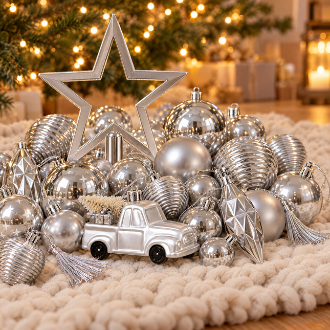 infographic opus55 hoofdafbeelding - Cheqo® Kerstboomversiering Set van 67 Zilver