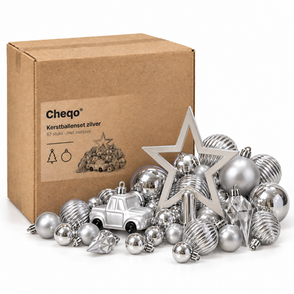 infographic opus55 verpakking - Cheqo® Kerstboomversiering Set van 67 Zilver